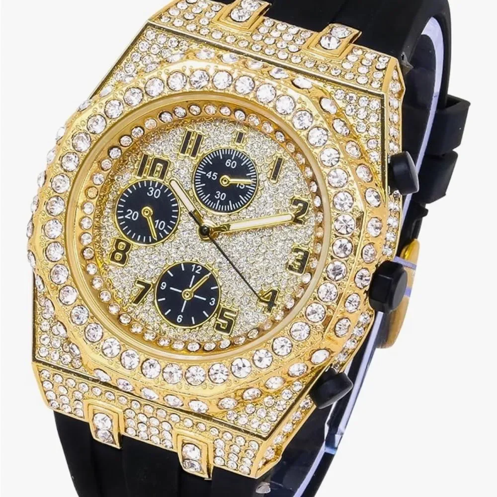 Gold Bust Down Iced Out Hip Hop Watch Black Silicone Strap VVS Diamond Bling